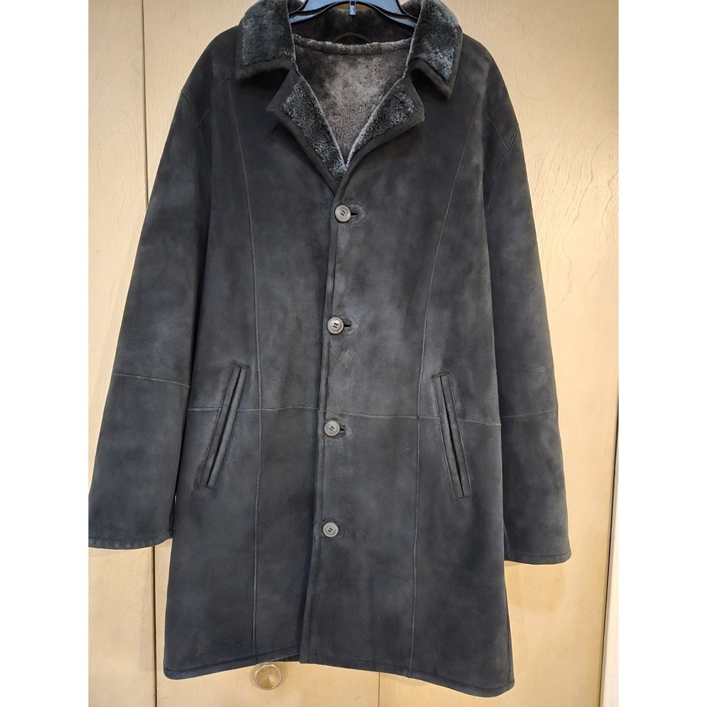 K Hana Collections Men's 48 Genuine Lambskin Shearling Long Coat Black